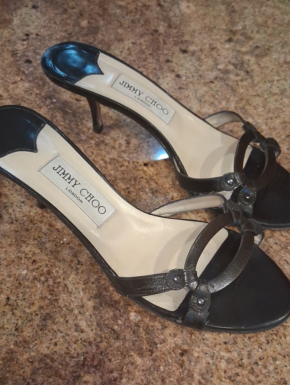 Jimmy Choo Black Leather Open-Toe Ring-Detail Stiletto Heels